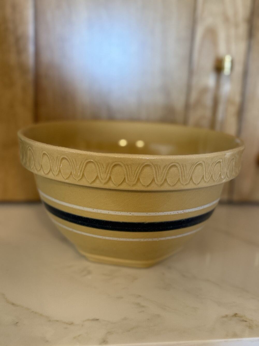Estate Over and Back 9” Yellow Ware Mixing Bowl with Blue and Pink Stripes